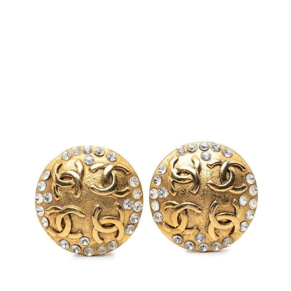 Chanel CC Logo Vintage Earrings 23 Gold Plated Rhinestone